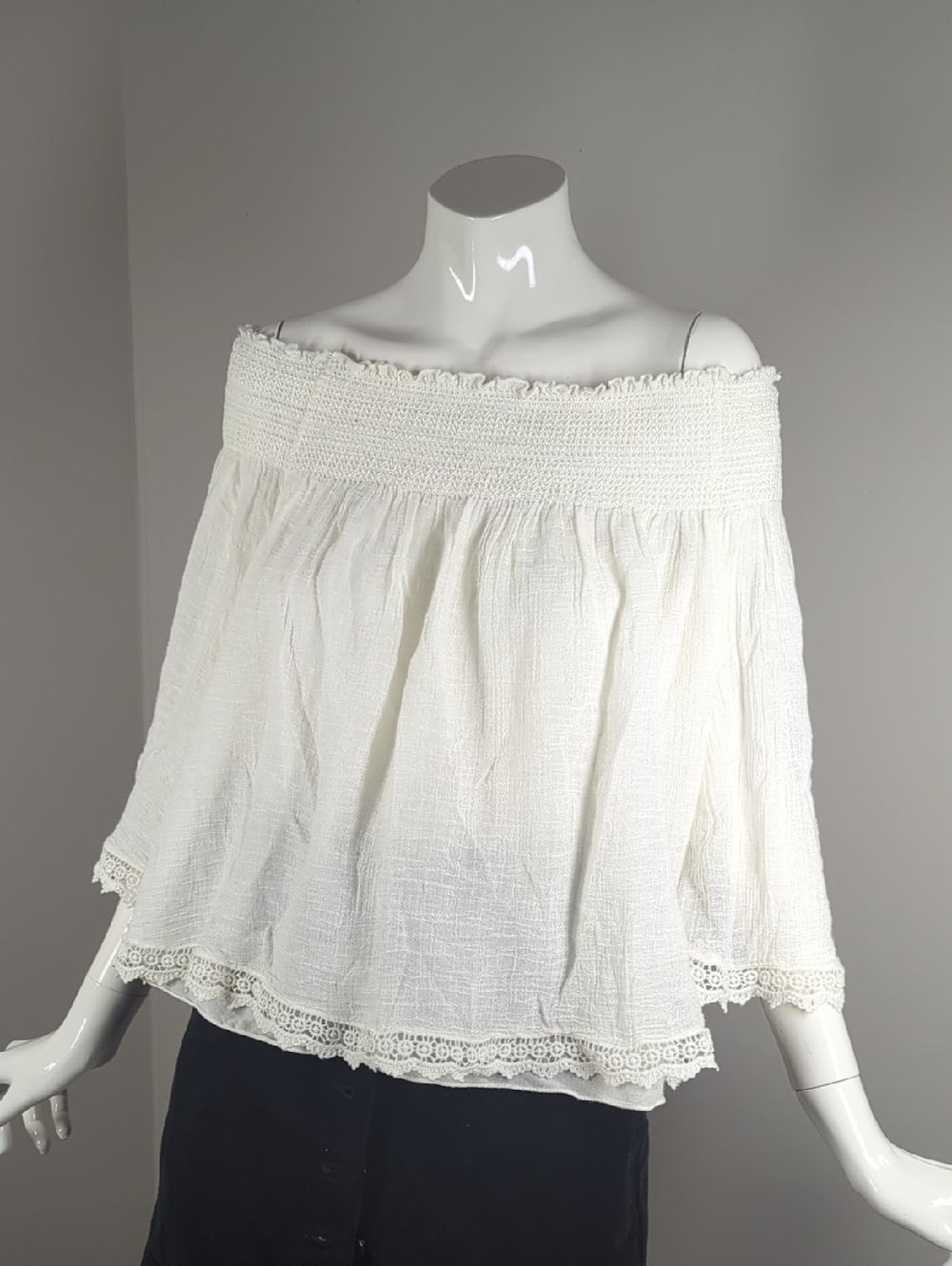 Zara Off-Shoulder White Lace-Trim Peasant Top